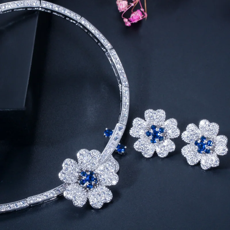 Pera Trendy Rose Red Cubic Zirconia Setting Lovely Flower Earrings and Pendant Necklace Sets for Women CZ Costume Jewelry J139