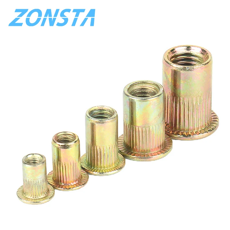 Rivet Nut M3 M4 M5 M6 M8 M10 M12 Flat Head Threaded Rivet Insert Nutsert Carbon Steel Color Zine Knurled Nuts Rivnut
