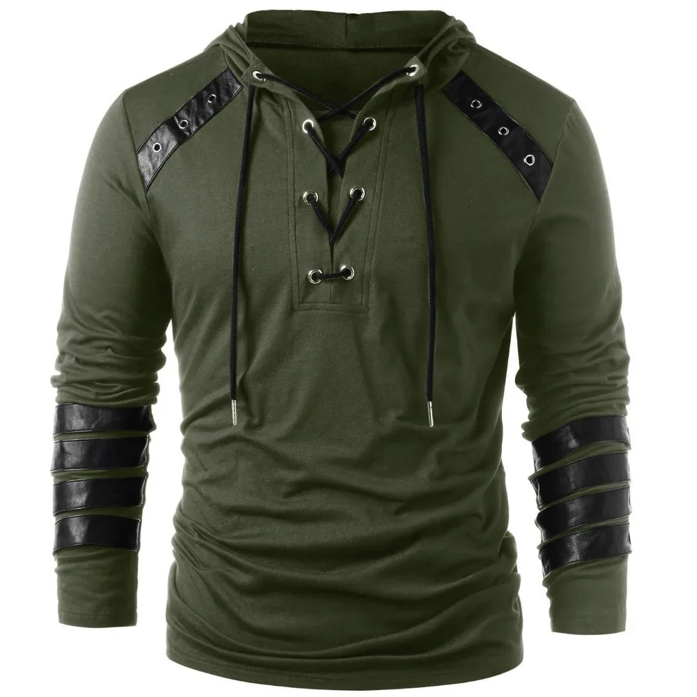 

Men's Gothic Steampunk Hoodie Sweatshirt Lace Up Long Sleeve Pullover Shirts Hooded Casual Sweatshirts Fashion Patchwork Tops