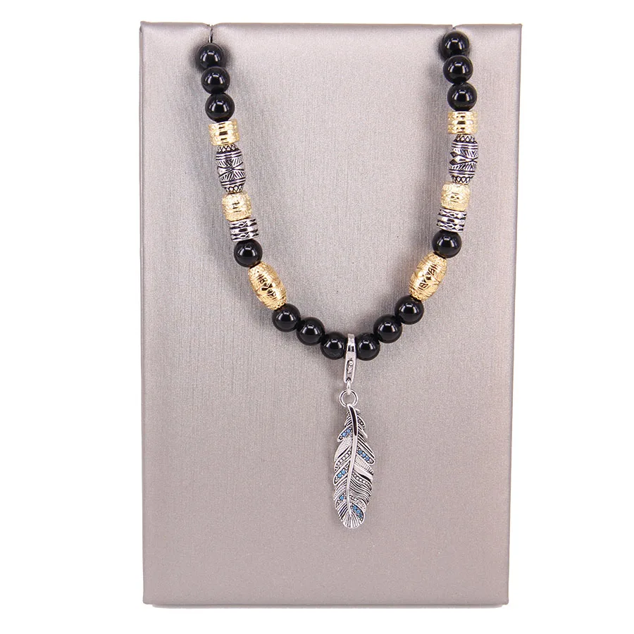 Thomas Black Beads and Feather  Pendant Necklace, Rebel Heart Jewelry Gift For Women and Men TS-N39