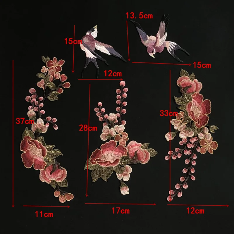 New 1Set 6Pcs Peony Flower Bird Swallow Embroidery Patch Sewing On Clothes Coat Dress Accessory Diy Large Applique Fabrics Decor