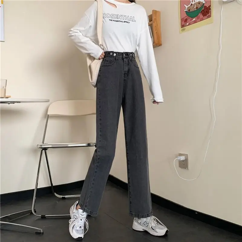 Jeans Women Mopping Gray Denim Loose Korean Style Students Autumn New High Waist All-match Straight Casual Aesthetic Simple Pure