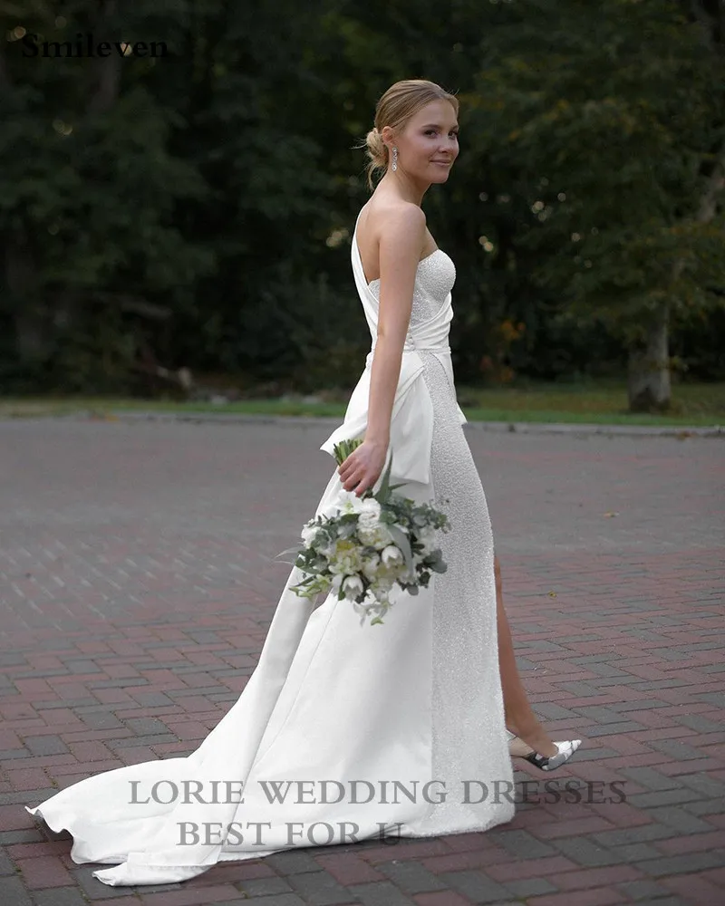 Smileven – robe De mariée sirène en Satin doux, asymétrique épaule dénudée, manches longues, paillettes, fente latérale