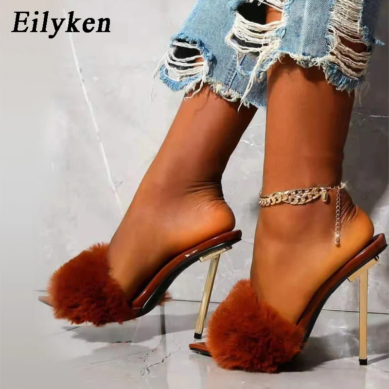 Eilyken Fashion Faux Fur Women Mule High Heels Slippers Sandals Flip Flops Pointed toe Slides Party Shoes