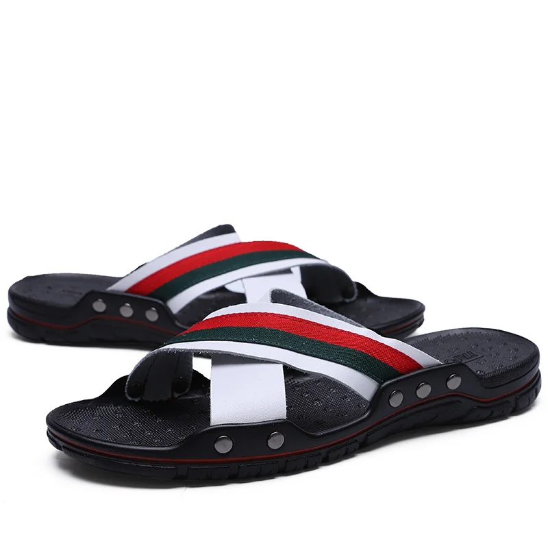 2021 summer slippers men\'s hollow breathable leather flip flops neutral leisure massage flat sandals men\'s shoes size 48 Zapatos