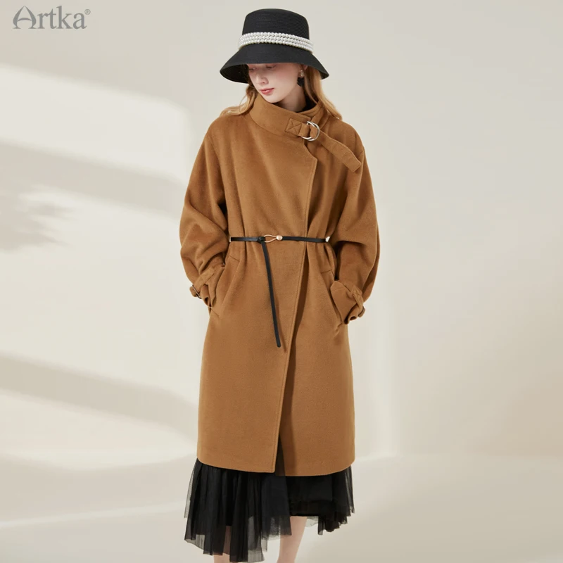 ARTKA 2021 Winter New Fashion Simple Woolen Coat Women Long Loose Thicken Woolen Outerwear With Genuine Leather Belt FA25011D