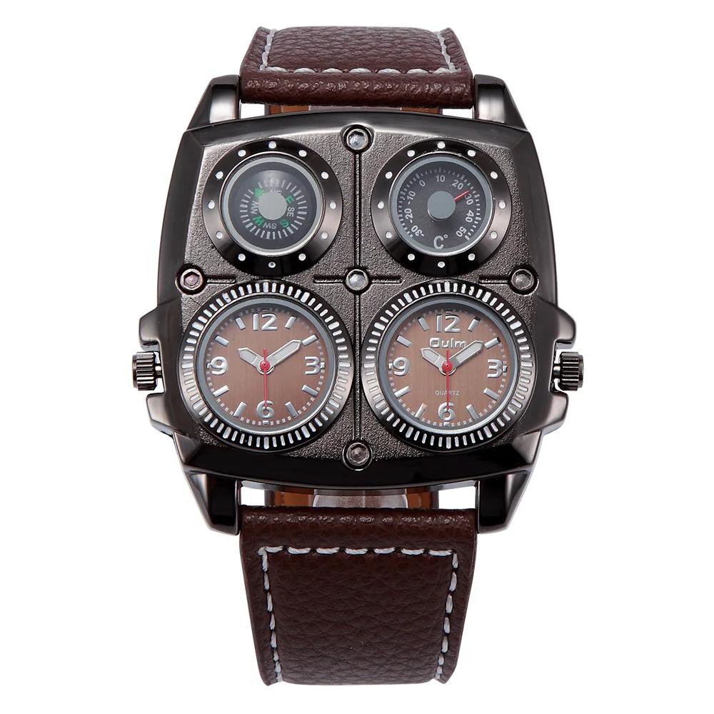 Oulm 1140 Men's Watches Big Size Square Dial Sport Male Quartz Wristwatch Decorative Compass Leather Strap Watch