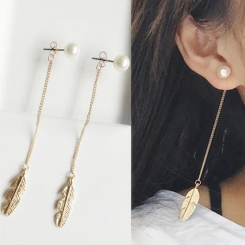 Vintage Long Chain Feather Dangle Earrings for Women 2 in 1 Imitation Pearl Drop Earrings Golden Color Trendy Party Jewelry Gift