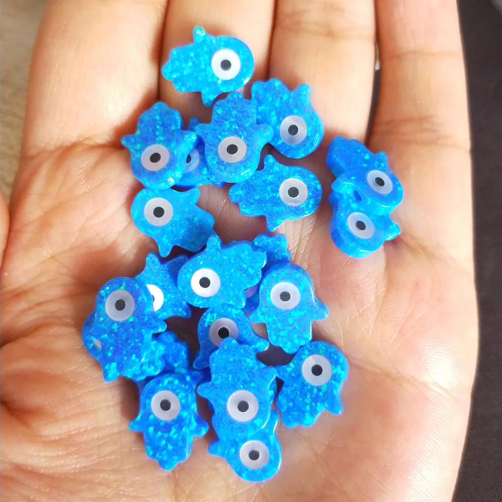 50pcs 11x13mm Synthetic Opal Hand & Opal Hamsa with Eye in OP05 Blue side hole and top to bottom hole for fashion Necklace