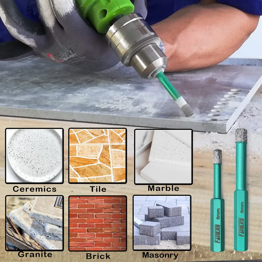 FACHLICH 2pcs Diamond Hole Saw Cutter Dry Drill Bits for Tile Porcelain Ceramic Marble Drilling Core Bits Dia 6/8/10/12/14mm