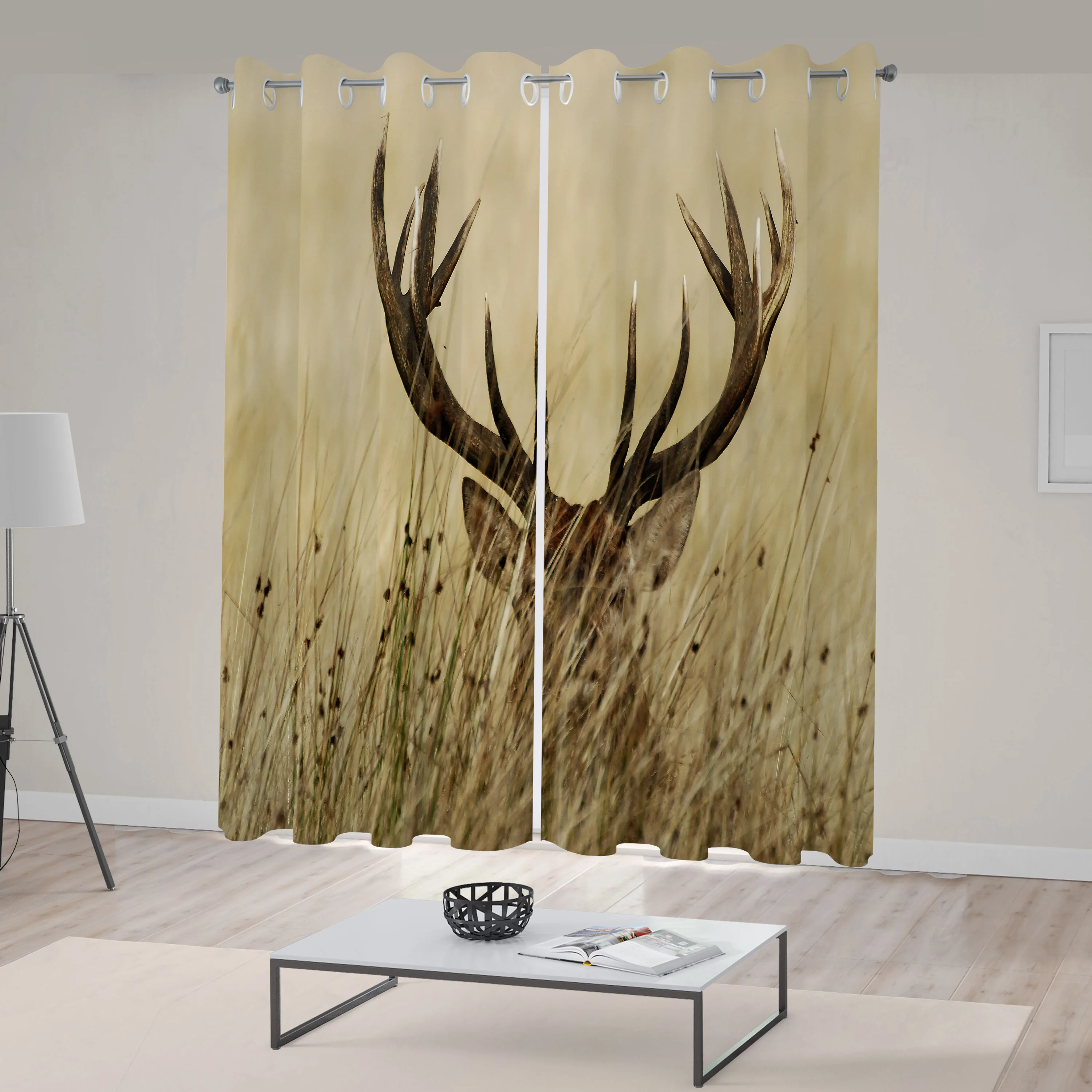 Antler Curtains Whitetail Deer Fawn in Wilderness Stag in Countryside Rural Hunting Theme Living Room Bedroom Window Drapes