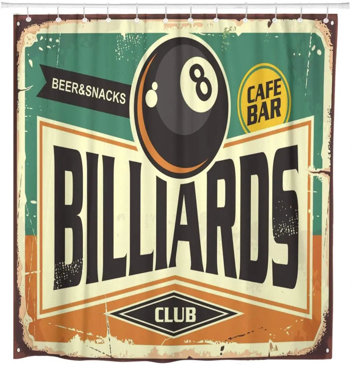 Retro Billiards Sign Black Eight Ball on Green Club Shower Curtain Waterproof Polyester Fabric 60 x 72 Inches with Hooks