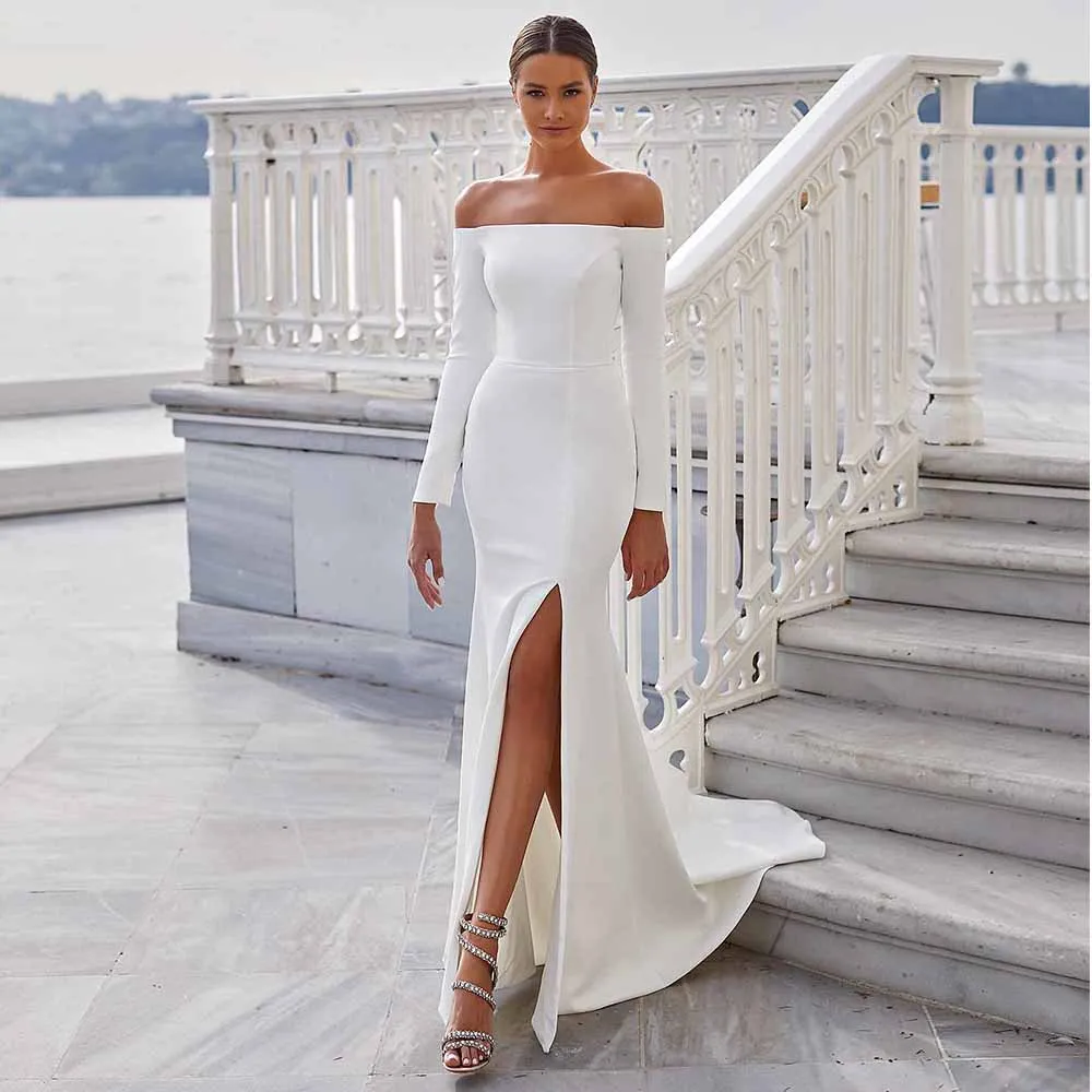 

White Off-The-Shoulder Boat Neck Side Slit Wedding Dresses Floor-Length with Jersey Sheath Zipper Back Court Train Bridal Gowns