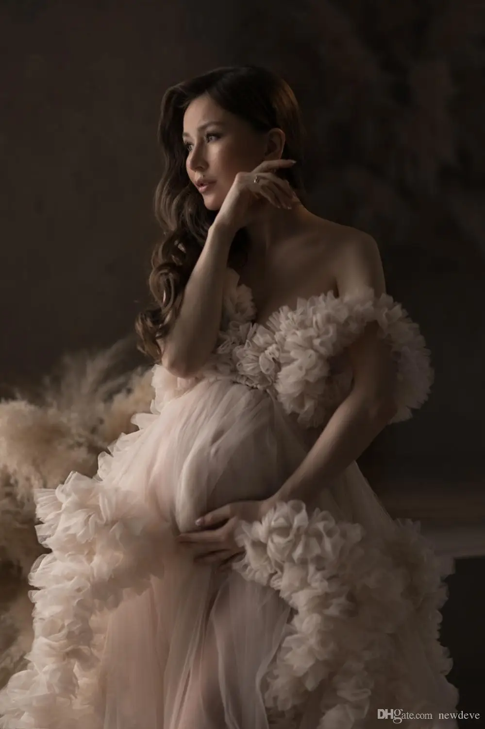 Lange Elegante Avondjurk 2022 V-hals Champagne Tulle Moederschap Jurken Voor Fotoshoot Gewaad Zwangere Vrouwen Fomral Jassen