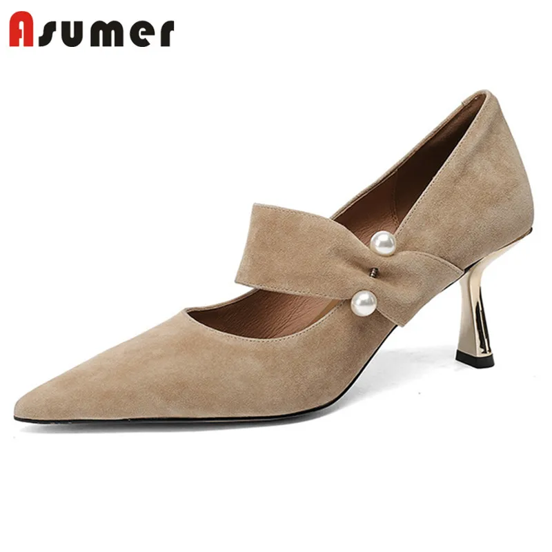 

Asumer 2022 New Arrive Thin High Heels Single Shoes Women Party Wedding Shoes Suede Leather Pearl Spring Pumps Women Shoes