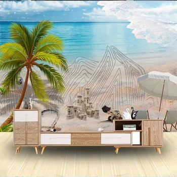 사용자 정의 3D 사진 벽지, 여름 해변, 산, 모래, 흔적, 코코넛 나무, 파도, 배경 벽 스티커