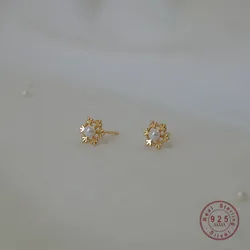 HI MAN 925 Sterling Silver 14K Gold Plated Pearl Snowflake Stud Earrings Women Personality Elegant Birthday Jewelry
