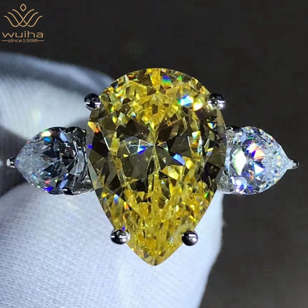 

WUIHA Classic 925 Sterling Silver 3EX Pear Cut 6CT VVS Yellow Created Moissanite Wedding Engagement Customized Ring Fine Jewelry