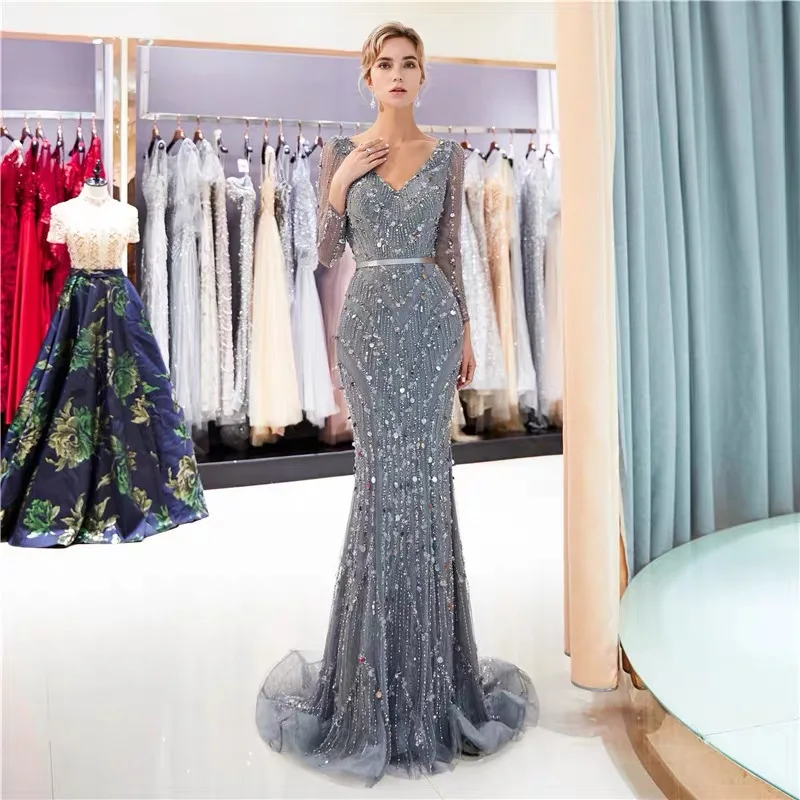 Luxury V-Neck Long Sleeves 2020 for Women Crystal Handmade Elegant Mermaid Evening Dress Long Sleeves Sexy Formal Party Gown