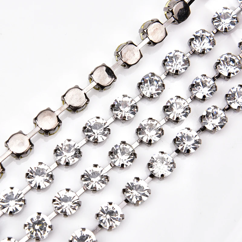 8mm Rhinestone Cup Chain SS38 Glass Gun Crystal Strass Trim Silver Plating DIY Garment Bags Shoes Wedding Dress Accessories