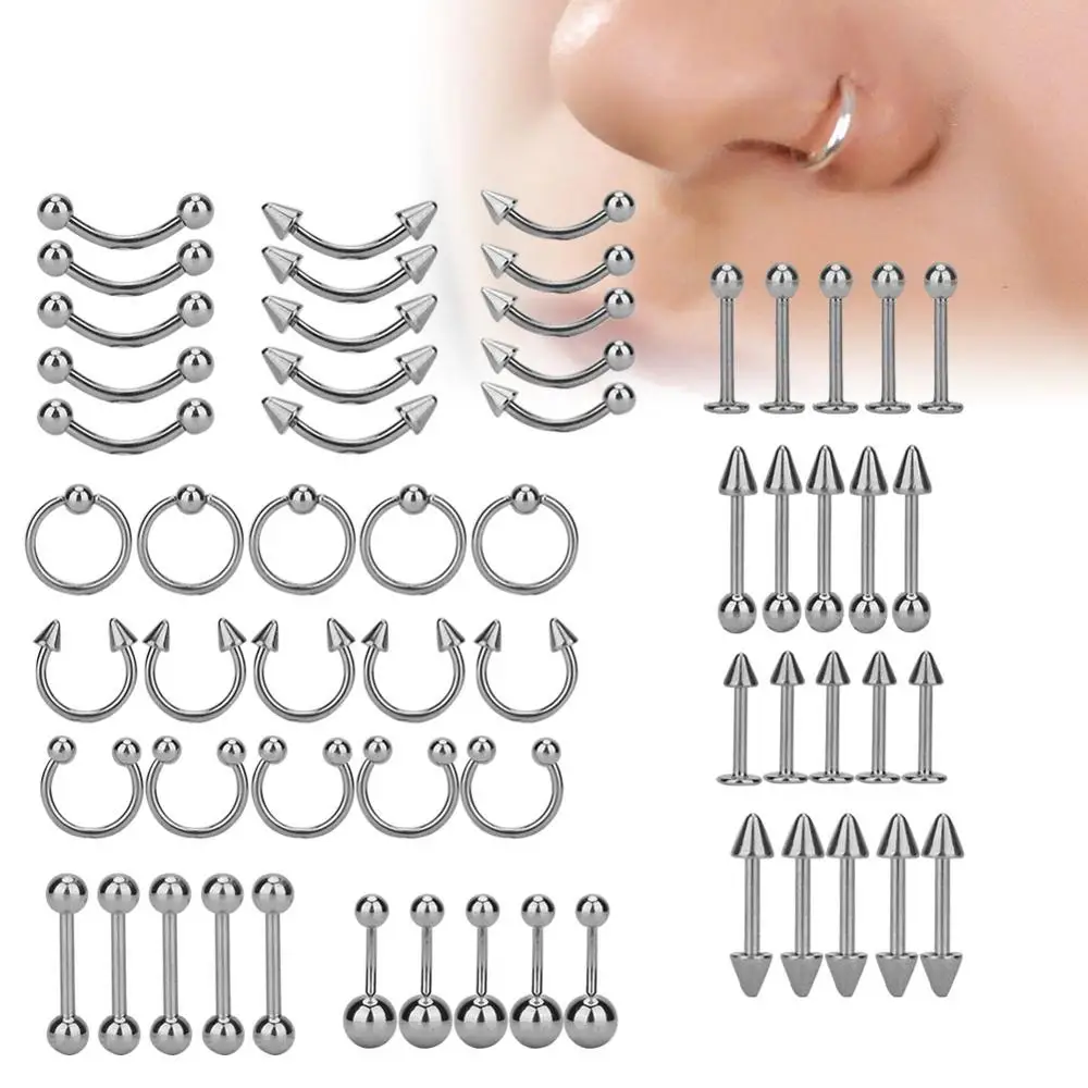 New 60 / Bag Stainless Steel Nose Nail Anti-Allergic Non-Fading Men Women Available Body Piercing Earrings Piercing Jewelry Set