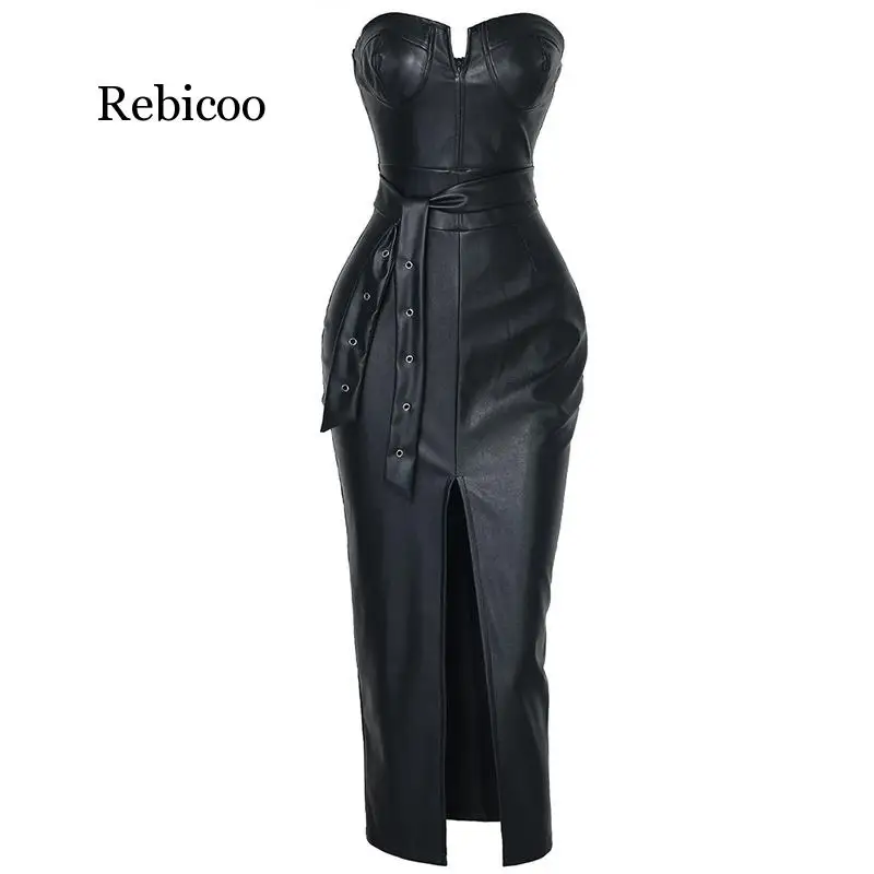 

Sexy Backless Off Shoulder PU Leather Midi Dress Women High Split Black Tight Party Dress Summer Club Wear Low Cut Bodycon Dress