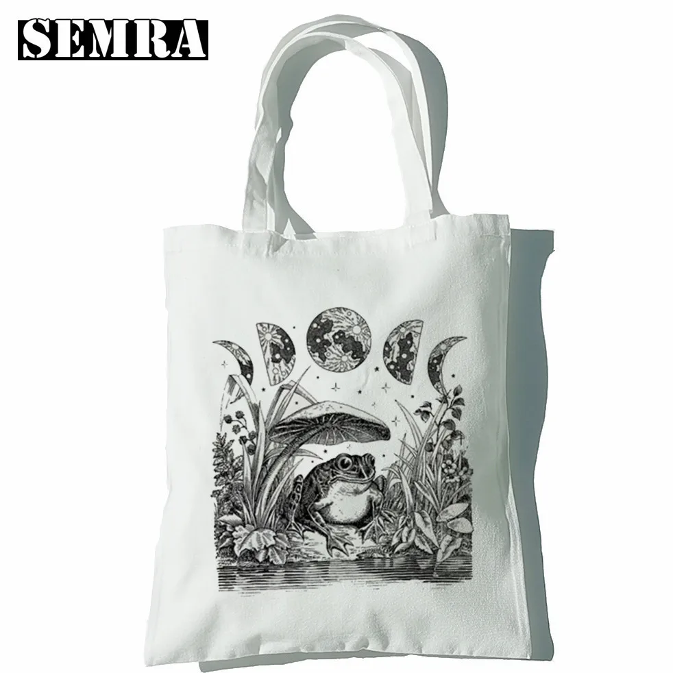 Mushroom Moon Cartoon Women Canvas Shopper Bag Girl Large Capacity Tote Classic Mouse Shoulder Handbag