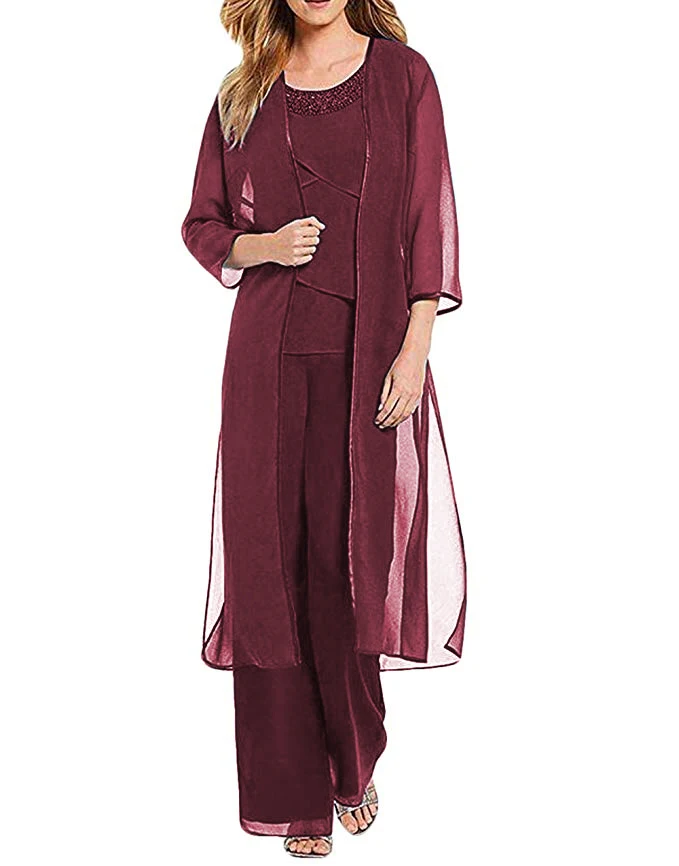 Robe longue pour mère de la mariée, tenue en mousseline de soie et cristal, manches 3/4, costume pantalon 3 pièces avec veste pour robe de soirée de mariage, 2020