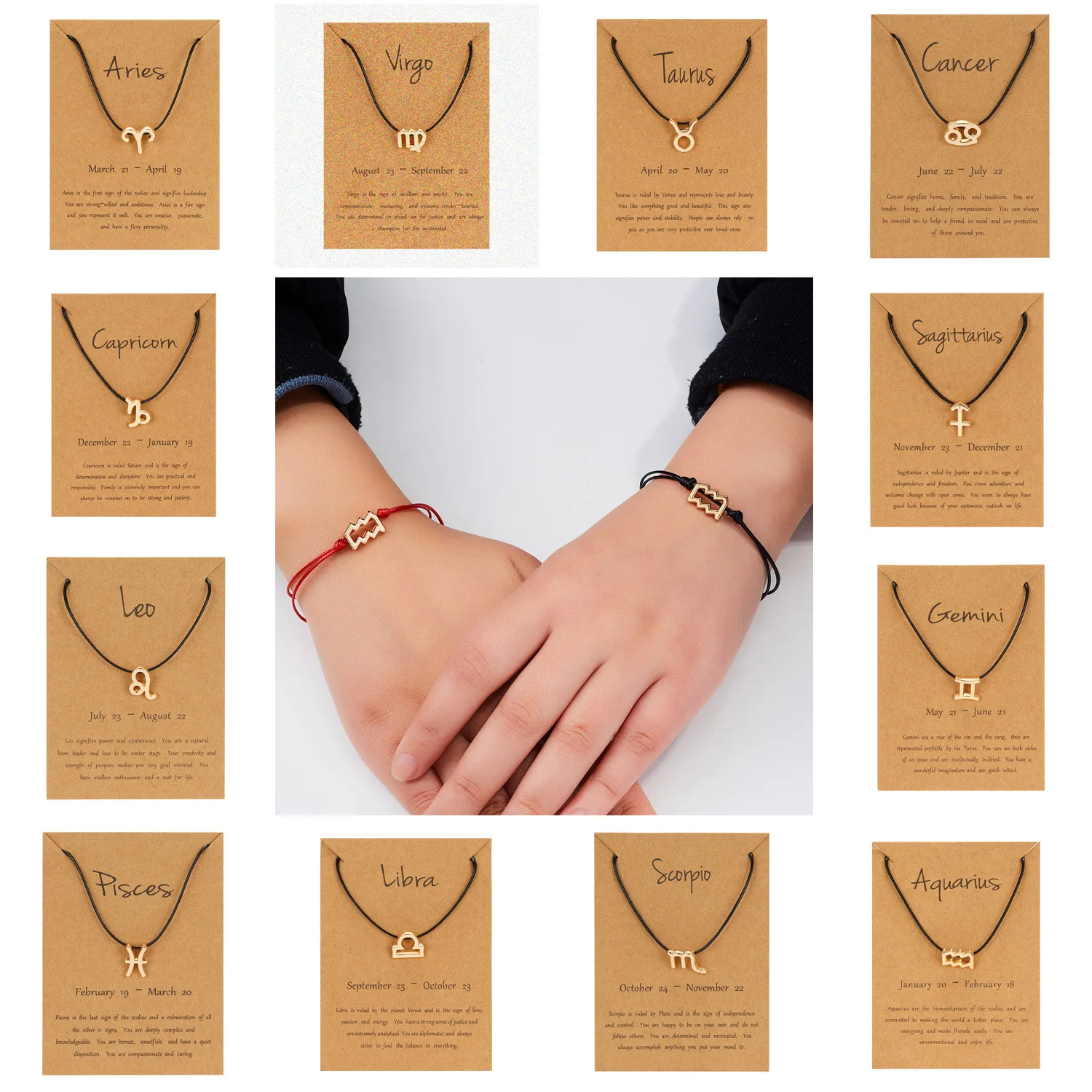 Pulseras con dijes de signo del zodiaco para mujer y hombre, cadena de cuerda roja y negra con tarjeta, regalo de joyería de cumpleaños, 12 unidades