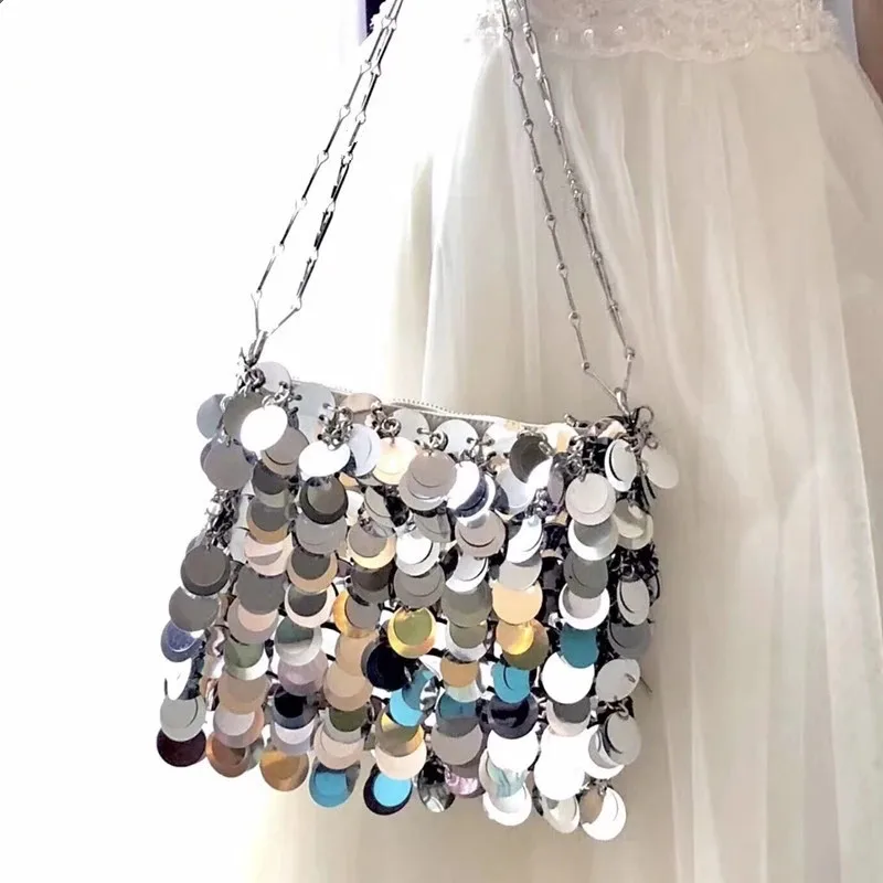 Luxury Women Bags Designer Silver Metal Sequins Chain Woven Bag Evening Bags Clutch Female Travel Holiday Shoulder Bag Handbag