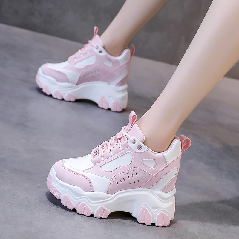 High Platform Sneakers For Women Chunky Leather Shoes Fashion Walking Trainers 9.5CM Casual Shoes Woman Lace-up Vulcanized Shoes