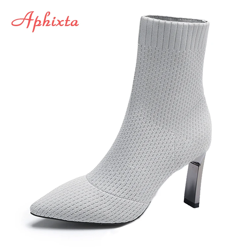 Aphixta Gray 2020 Socks Boots Women 9cm Metal Heels Shoes Thin Fashion Pointed Toe Autumn Winter Ankle Stretch Fabric Shoes