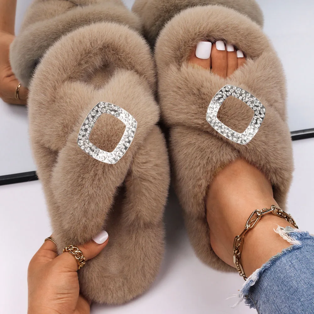 Women's Fur Slippers Fashion Rhinestone Square Buckle Furry Slides Designer Sandals Ladies Luxury Outdoor Slipper Platform Shoes