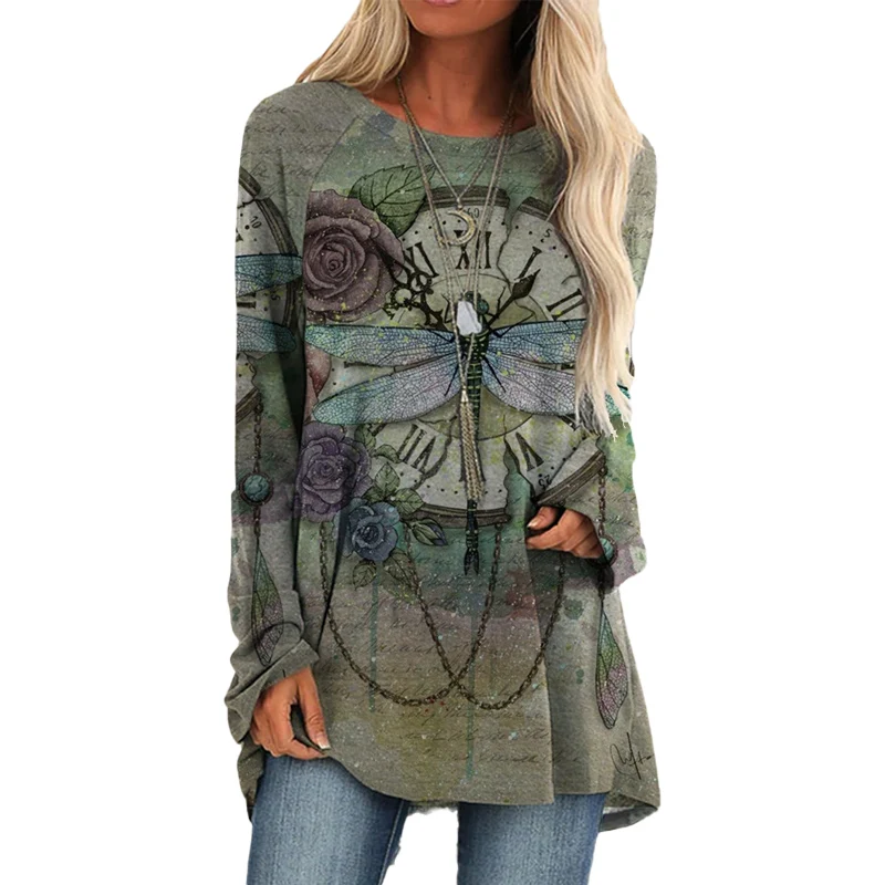 

Women's Fashion T Shirts Printing Casual Round Neck Loose Long Sleeve Tops Pullover T-shirt Female Streetwear Vintage Tee Shirts