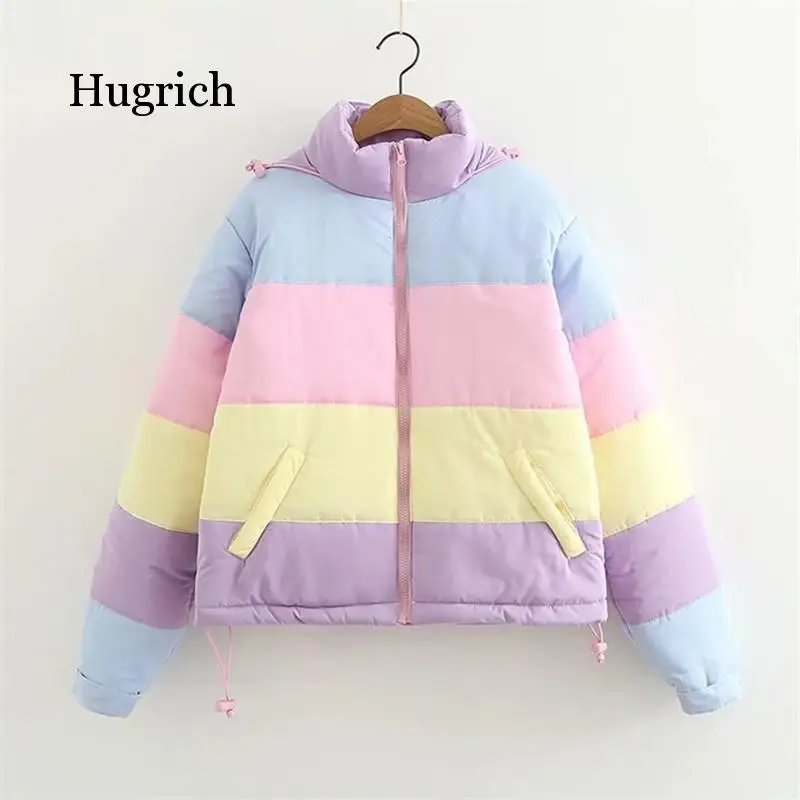 

Women Winter Rainbow Coat Oversize Parkas Casual Warm Cotton-Padded Jacket Striped Spring Autumn Clothing Splicing Fluffy Parka