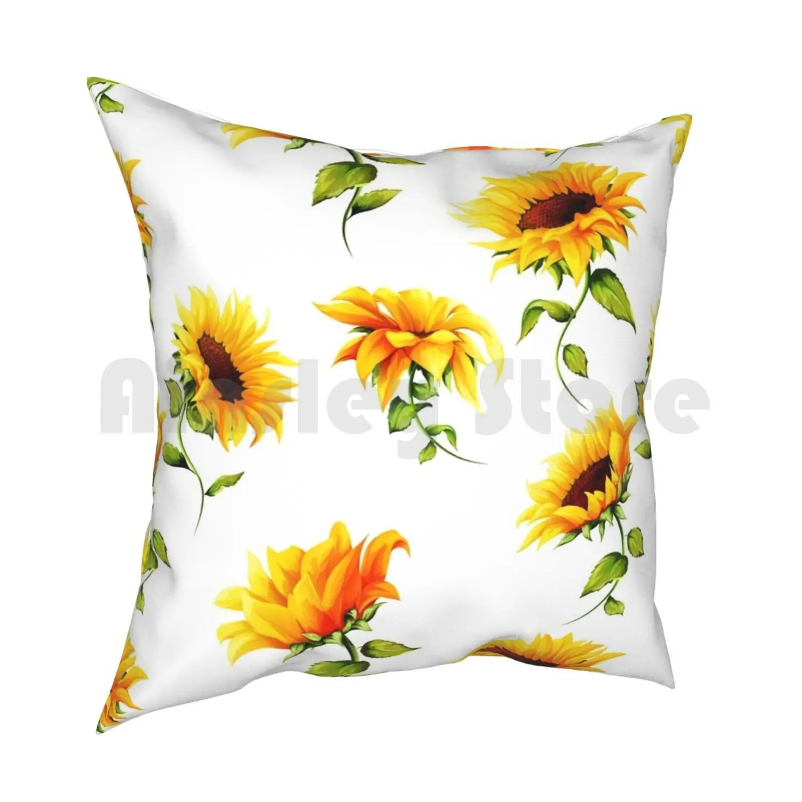 Sunflowers On White Pillow Case Printed Home Soft Throw Pillow Bouquet Textile Realistic Yellow Seamless Flower