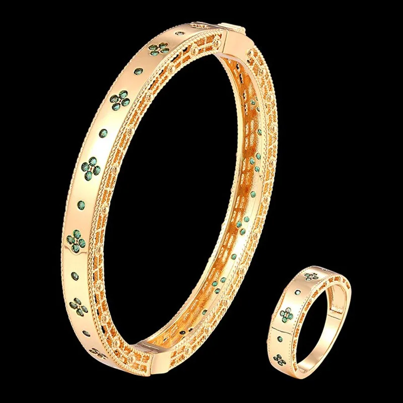 Zlxgirl 2020 New Arrival women's Gold color Copper wedding bangle and ring jewelry sets fine women's zirconia bracelet anel gift