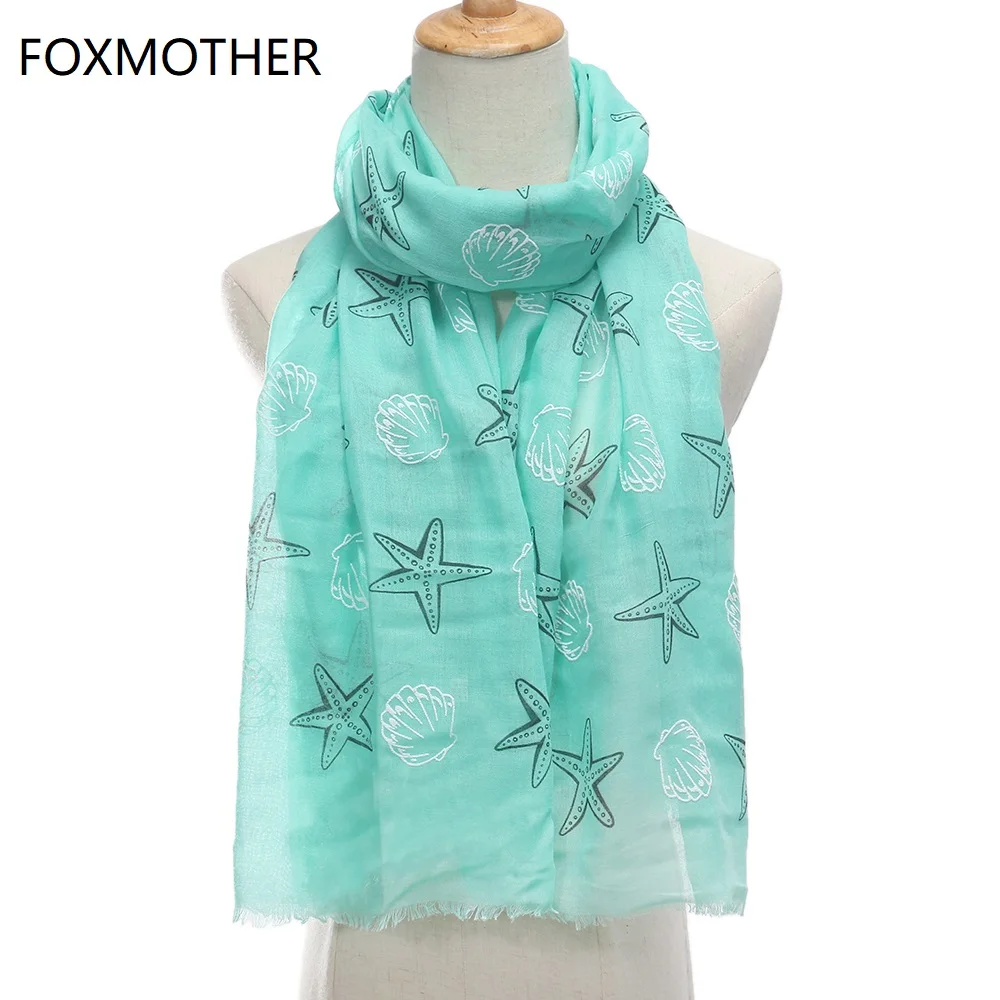 FOXMOTHER New Fashion Shawl Wrap Mint Yellow Color Starfish Shell Print Scarfs For Women Foulard Echarpe 2021