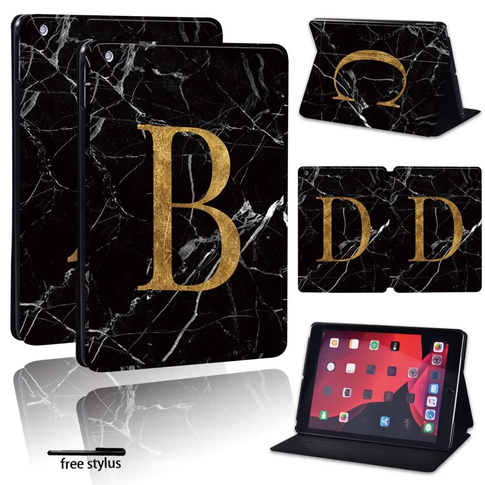 

For Apple iPad mini 6 5 4 3 2 1 - Printing initia letters black marble PU Leather Tablet Stand Folio Shockproof Flip Cover Case