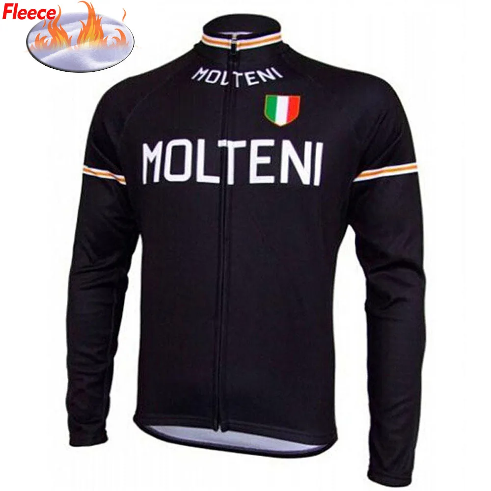 MOLTENI Classic Black Winter Fleece Cycling Jersey Retro Bike Clothing Road/MTB Bicycle Wear Shirts Long Sleeve Thin FULL ZIP