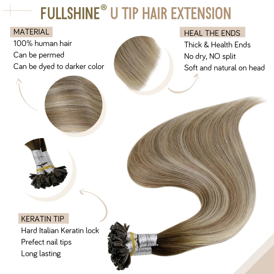 Full Shine extensión de cabello U Tip de fusión, color balayage, pegamento de queratina, cuentas, pre-pegado, 50g, máquina Remy 3