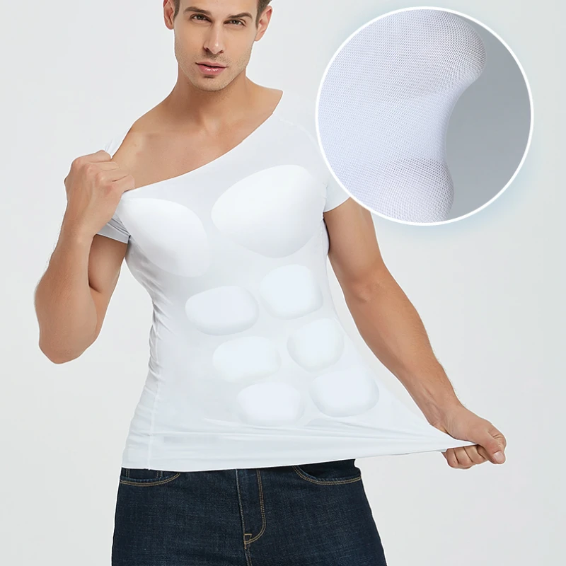 Prayger Men Muscles Shirt Male Invisible ABS Fake Chest Underwear Stomach 8 Pack Padded Tops Body Shaper Removable Inserts