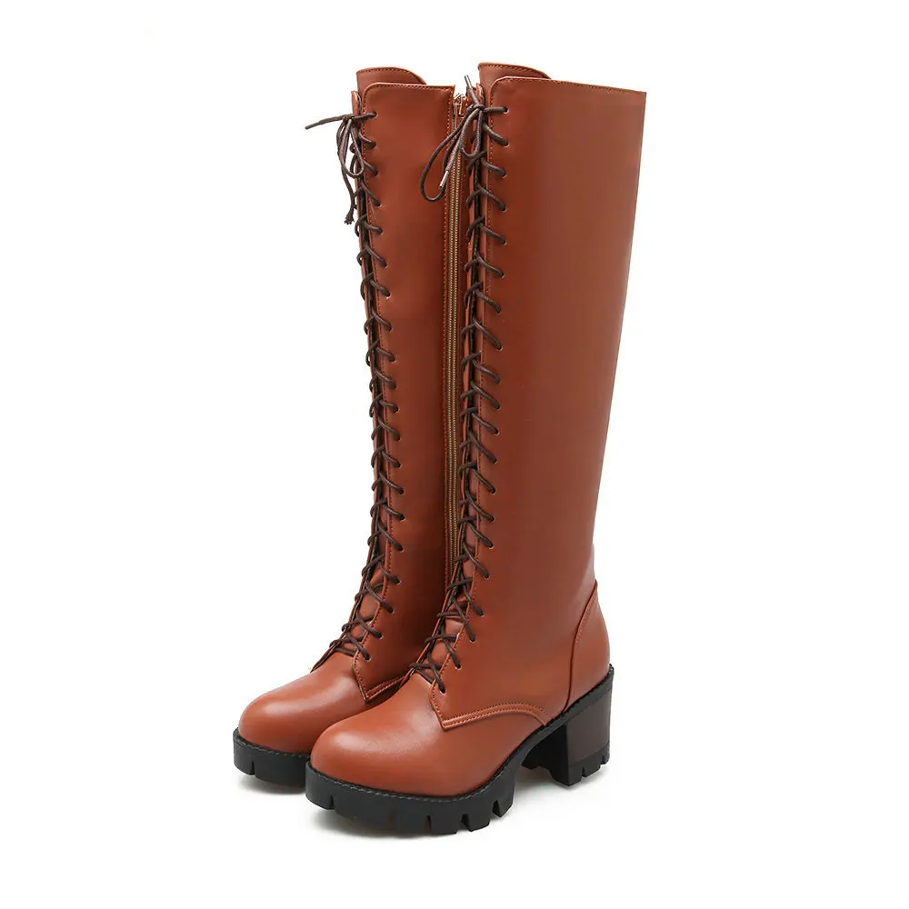 New Lacing Winter Knee High Boots Women High Heels Zipper Autumn Rubber Sole Brown Heel Long Boots Shoes Big Size 2021