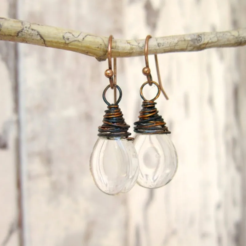 Clear Glass Dangle Earrings Oxidized Copper Wrapped Glass Drop Earrings Czech Glass Earrings