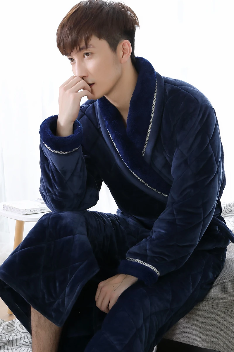 Winter Long Robe For Male Three Layers Quilted Bathrobe Thick Flannel Sleepwear Big Yards XXXL Kimono Bathrobes Mens Warm Lounge