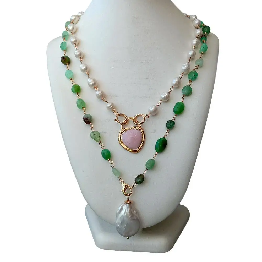 Y·YING Freshwater White Pearl Green Chrysoprase Pink Queen Conch Heart Pearl Charm Necklace 19