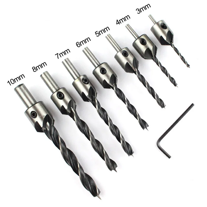 4Pcs/7Pcs Drills countersunk head drilling Bit Set 3 Tips Woodworking drill 3,4,5,6,7,8,10mm