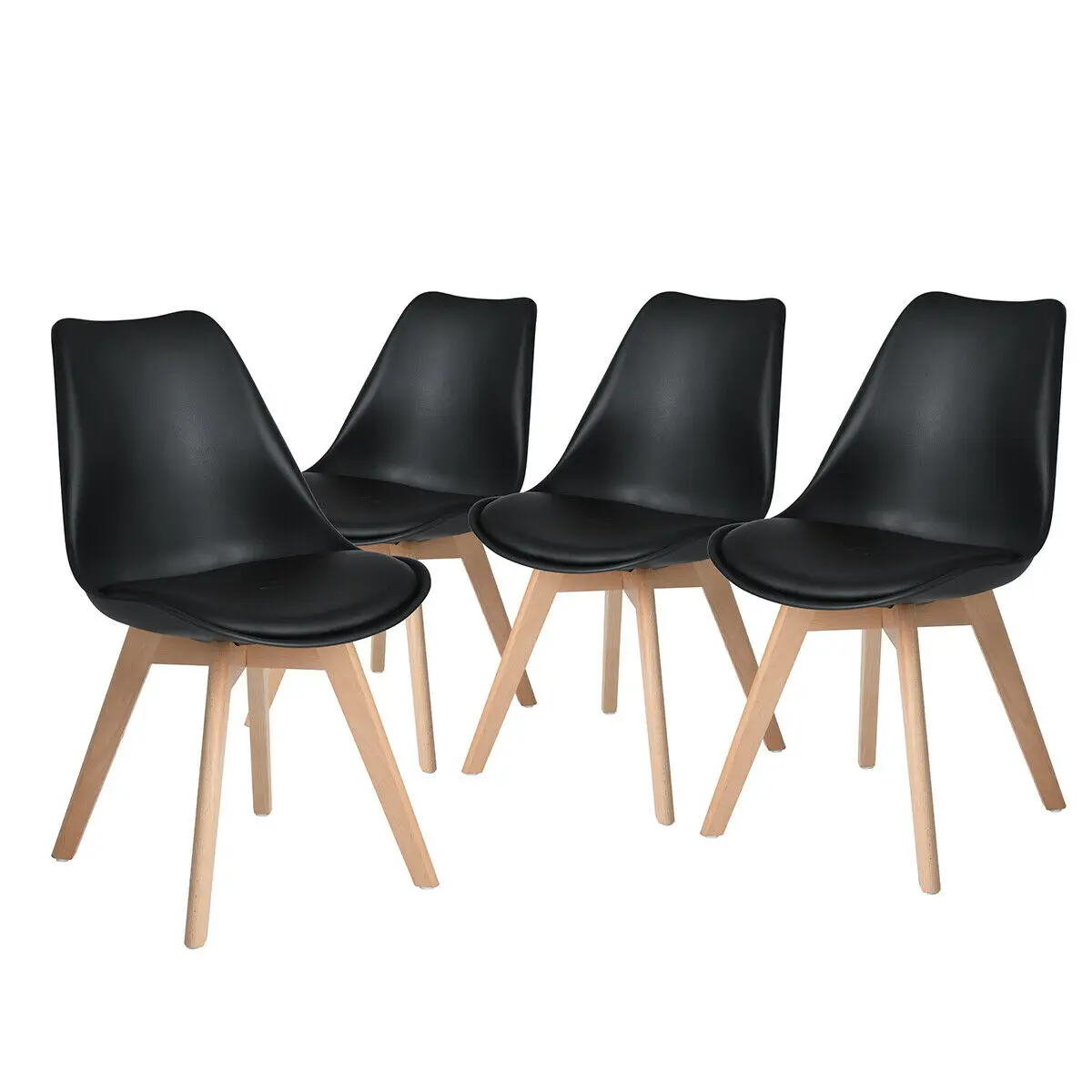 A Set of 2/4/6 Mid-Century Dining Chairs Modern Style Plastic DAW Shell Lounge Chair with Wooden Legs for Kitchen Office Black