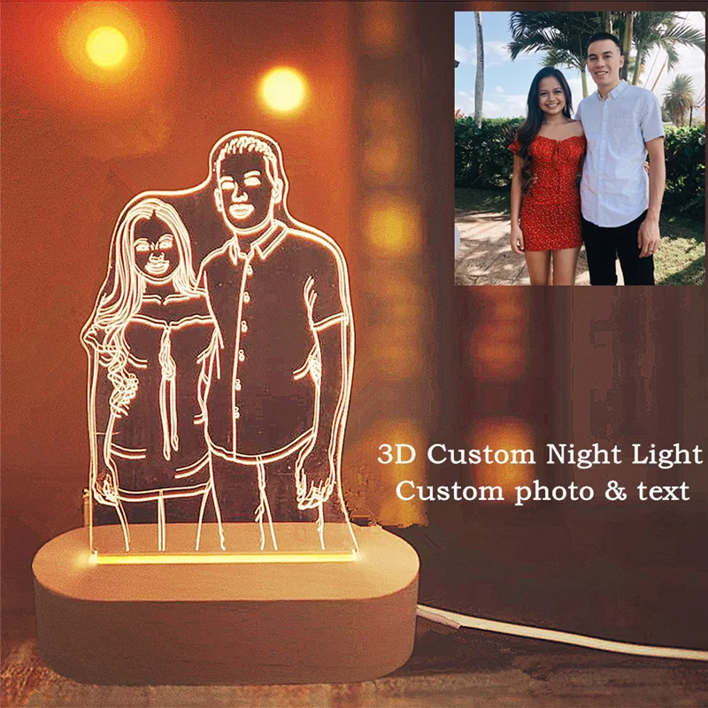 Dimmable Customized 3D Night Light USB Wooden Base DIY Night Lamp For Wedding Christmas Gift Holiday Light Custom Text Photo