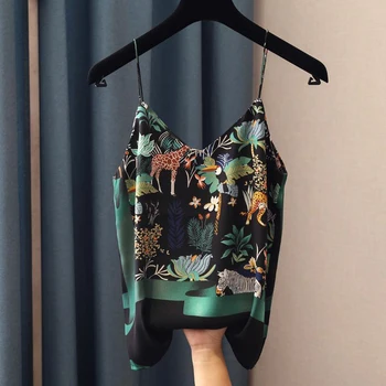 女性のためのヴィンテージシフォンシルクトップ,セクシーなスパゲッティストラップ,ヴィンテージプリントのTシャツ,婦人服,Vネックトップ,2020春夏コレクション